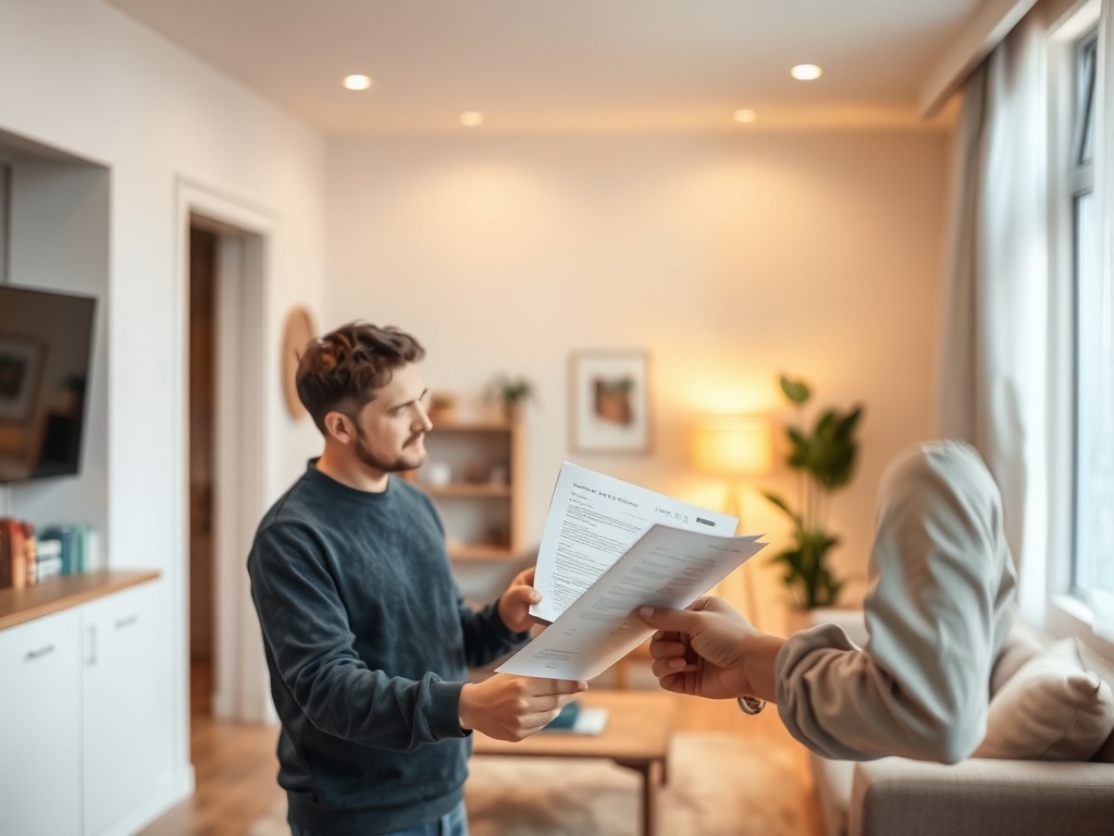 Два человека в современном интерьере обсуждают документы и передают их друг другу.