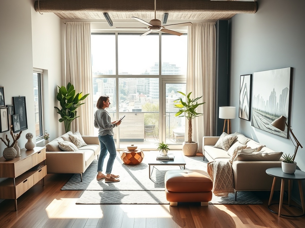 Женщина стоит в светлом жилом помещении с большими окнами и зелеными растениями, держа в руках телефон.