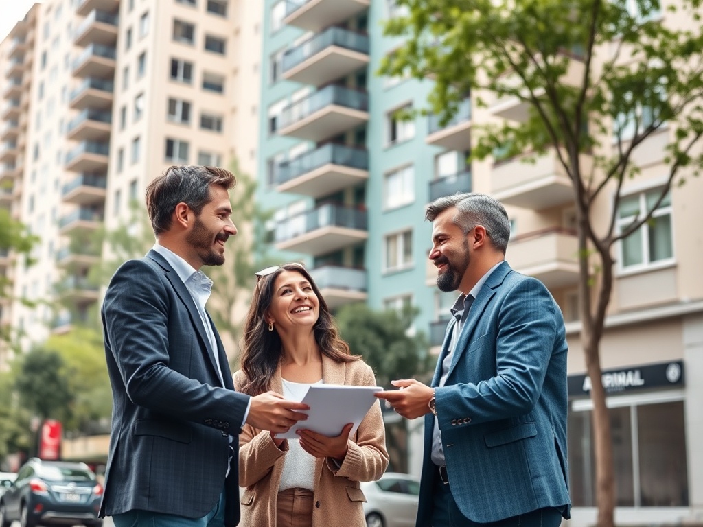Трое людей стоят на улице и обсуждают документы на фоне многоквартирных домов. Солнечный день.