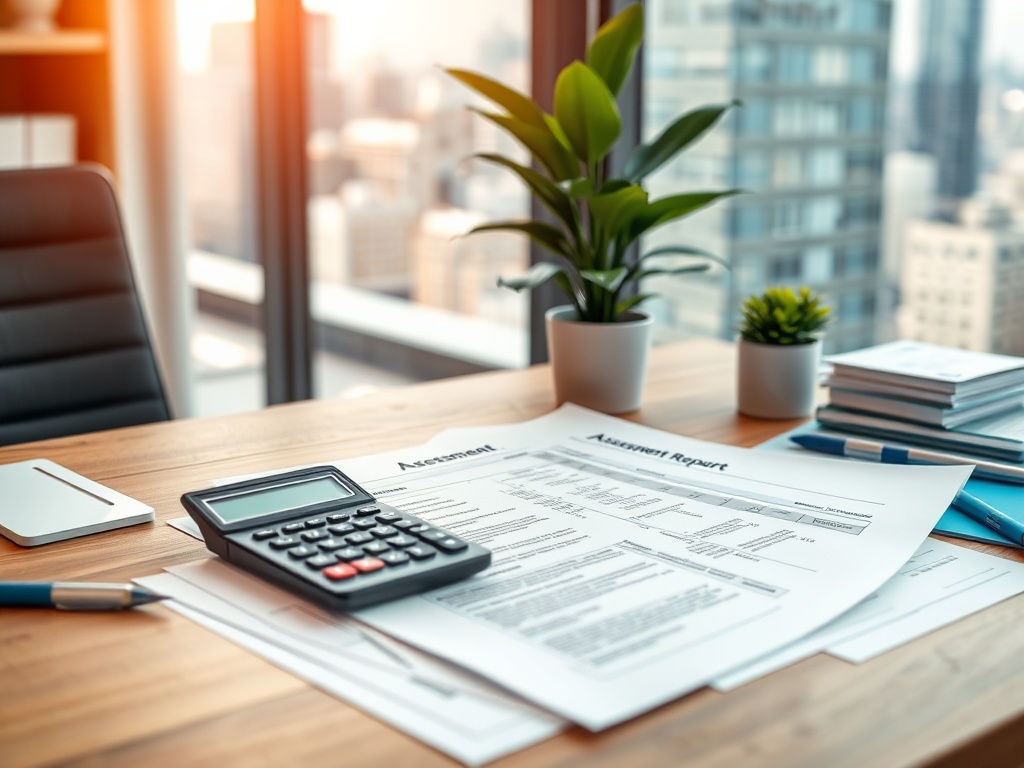 На столе бумаги с отчетом и калькулятор, вид на город через окно. Офисное окружение.