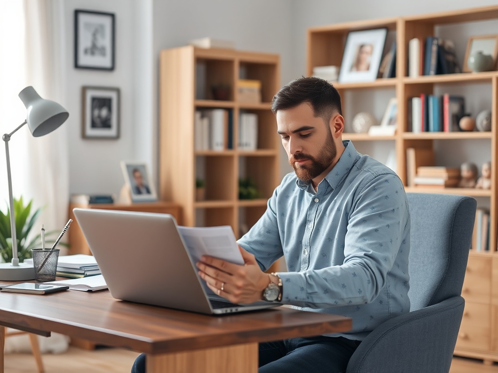 Мужчина в синей рубашке работает за компьютером, читая документы в уютном офисе.