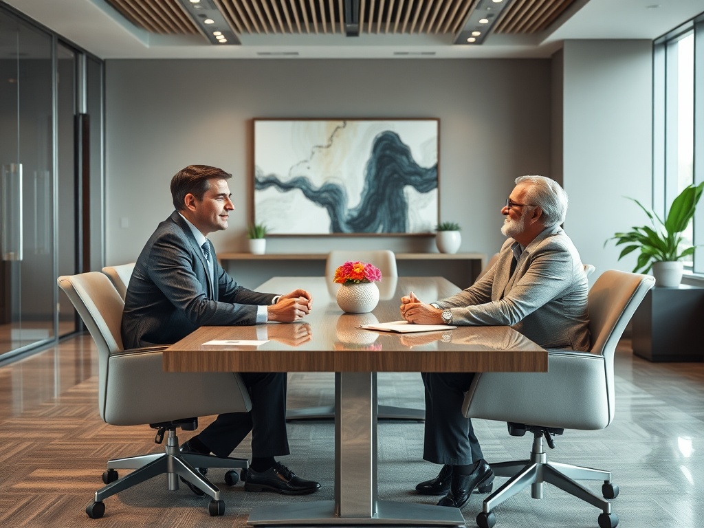 Два человека в деловых костюмах ведут переговоры за круглым столом в современном офисе.