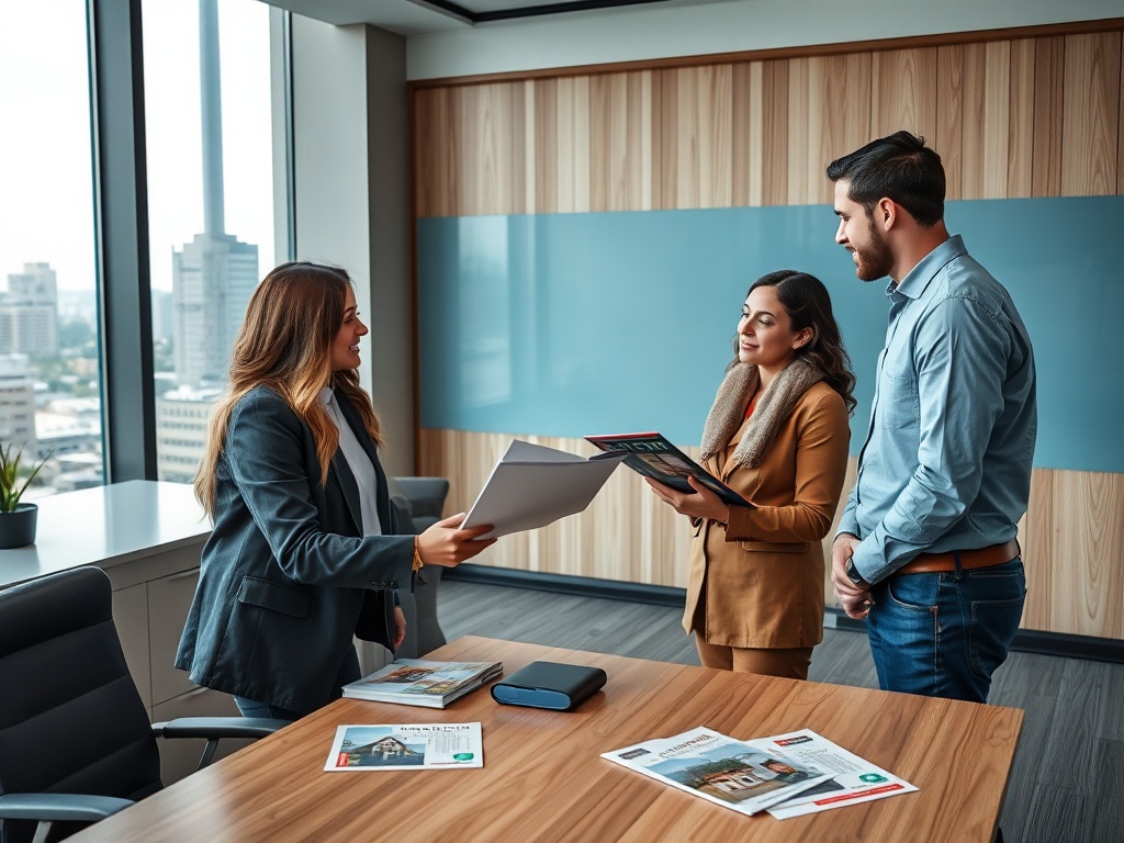 В офисе три человека обсуждают документы, сидя за столом с газетами и планшетом. Большие окна с видом на город.