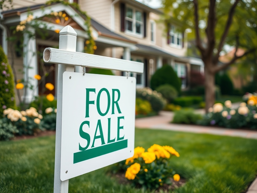 Знак "Продается" на фоне ухоженного дома и красивого сада с цветами.